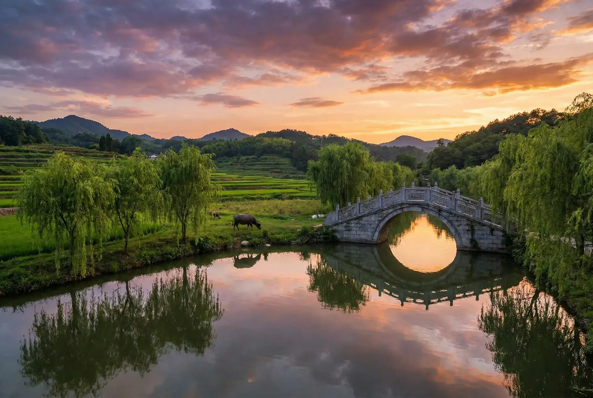 夕阳下的石拱桥与垂柳，水牛在河边吃草 - 活死人之地3 乡村美景